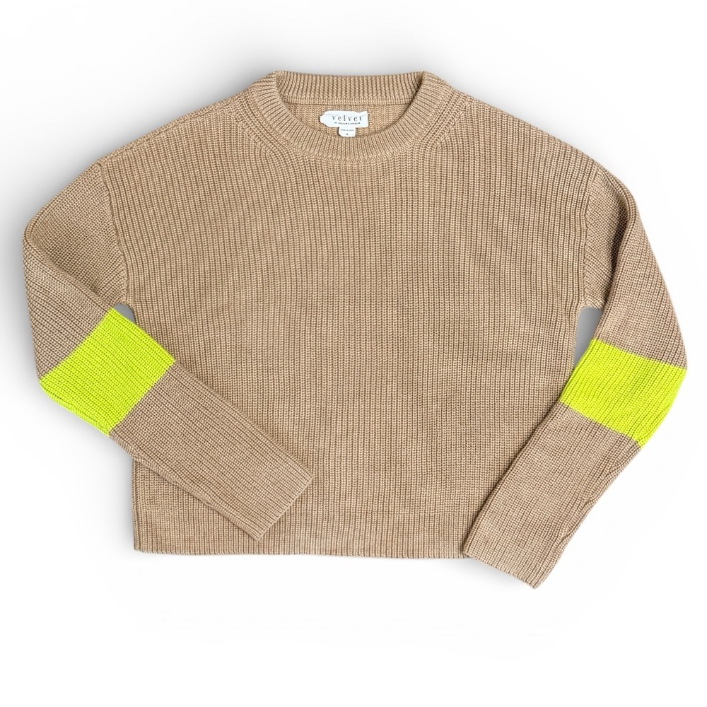 Velvet Graham Spencer Camel Ribbed Sweater Neon Elbow Patches Medium